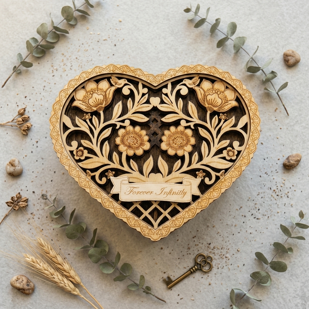 Handcrafted laser-cut heart box with floral design