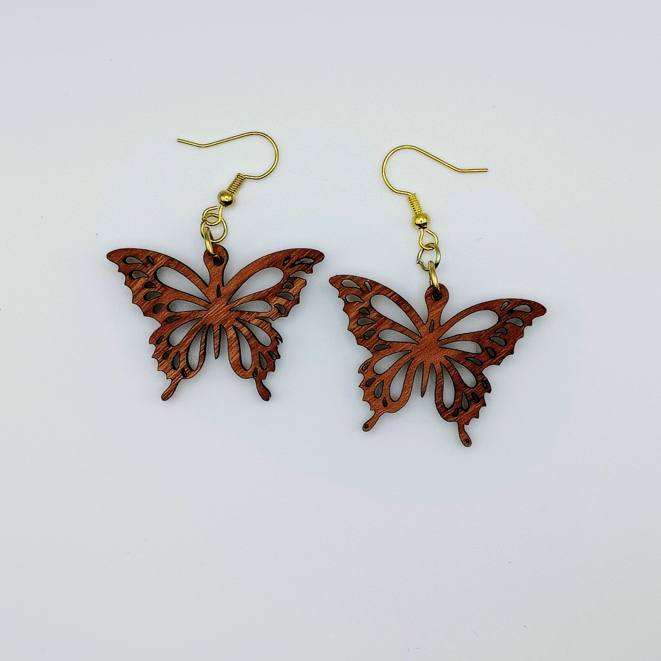 Wooden Butterfly Earrings, Hardwood Laser-Cut Dangle Drops, Lightweight Boho Gift for Her