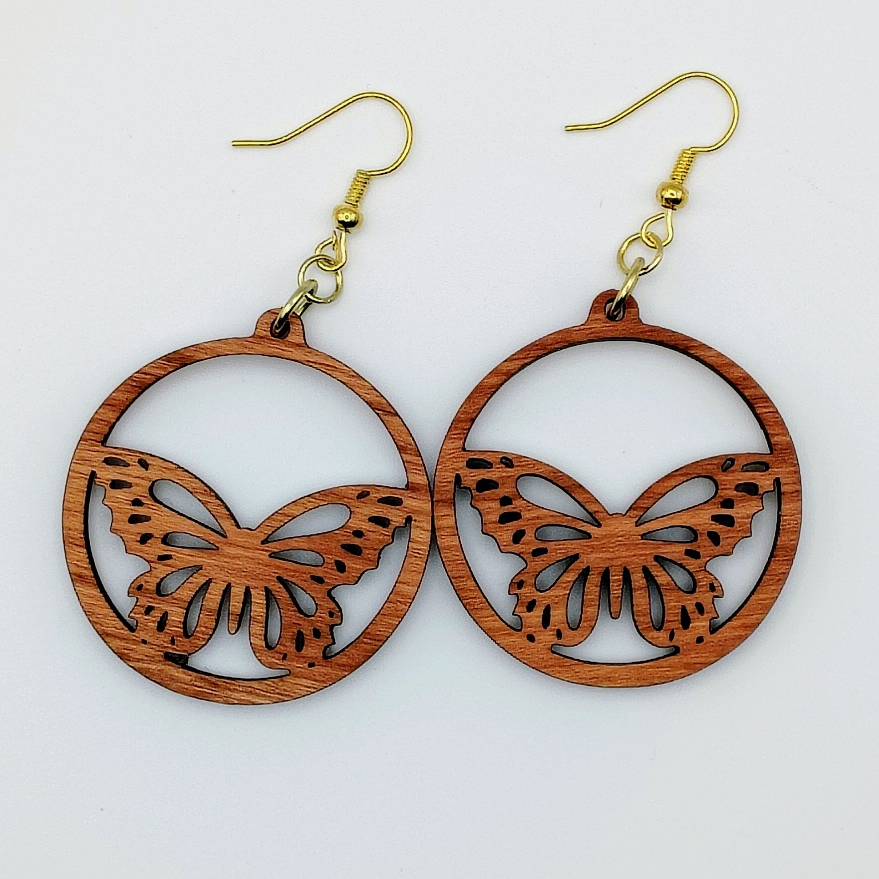 Wooden Butterfly Earrings, Hardwood Laser-Cut Dangle Drops, Lightweight Boho Gift for Her