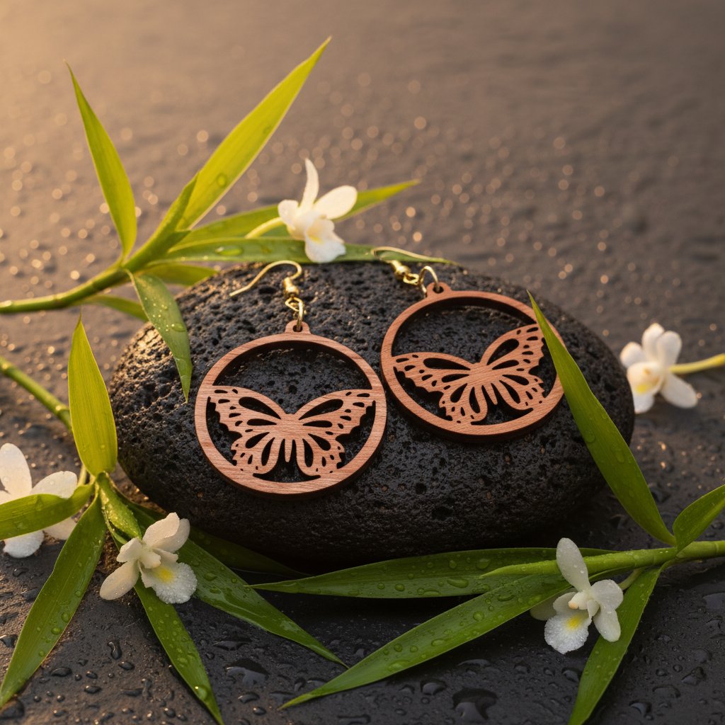 Cherry wood laser-cut butterfly earrings