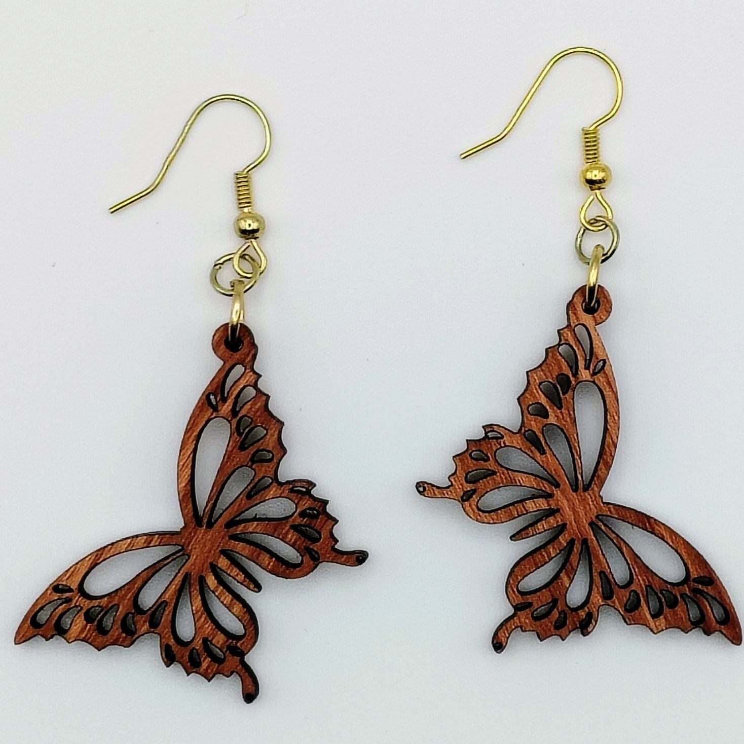 Wooden Butterfly Earrings, Hardwood Laser-Cut Dangle Drops, Lightweight Boho Gift for Her