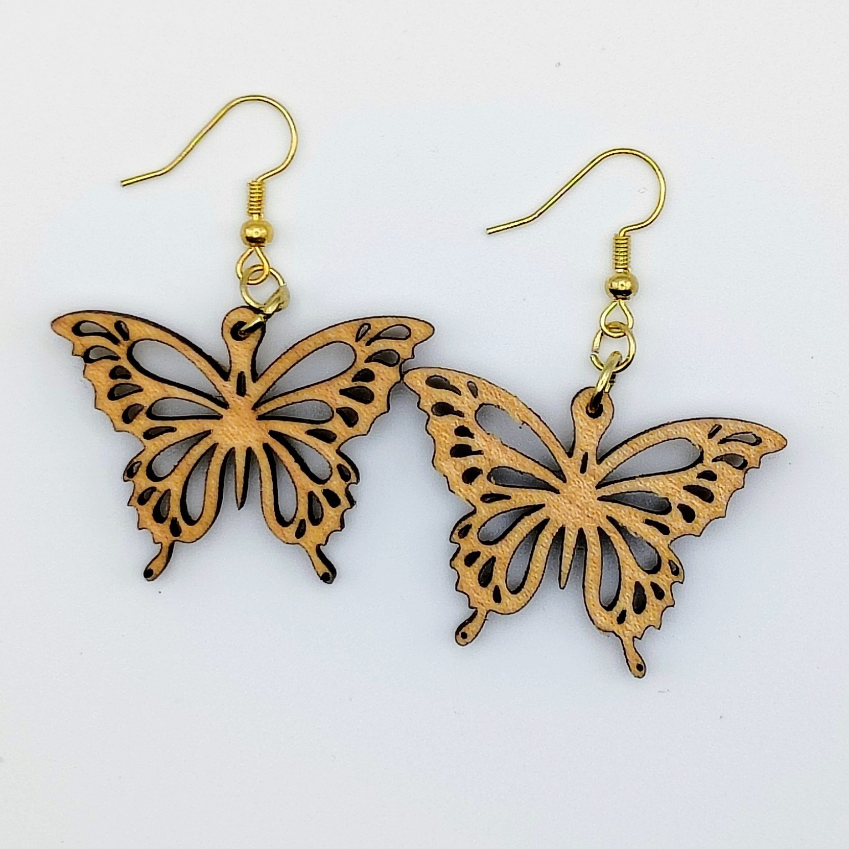 Wooden Butterfly Earrings, Hardwood Laser-Cut Dangle Drops, Lightweight Boho Gift for Her