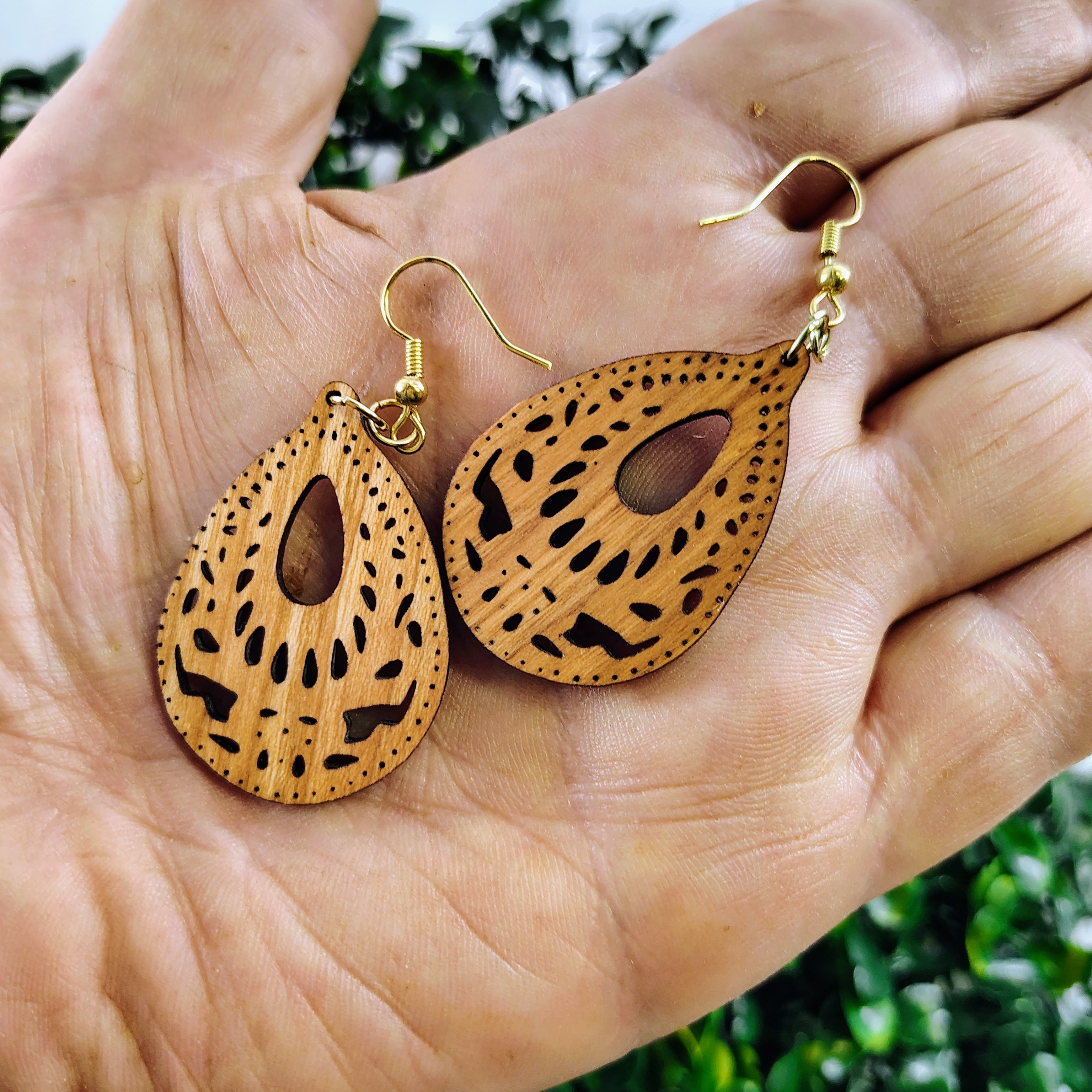 Wooden Teardrop Earrings, Hardwood Laser-Cut Dangle Drops, Lightweight Boho Gift for Her