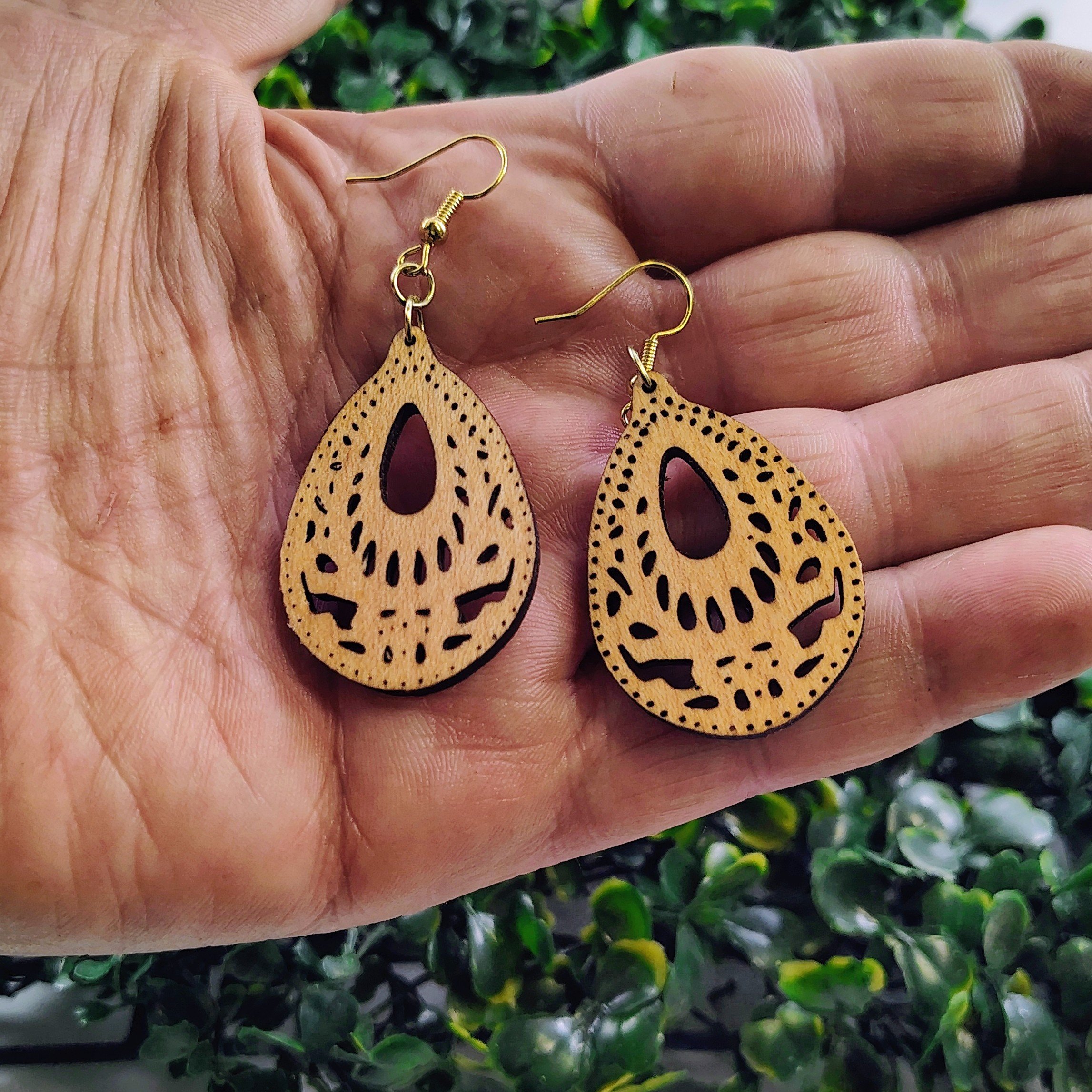 Wooden Teardrop Earrings, Hardwood Laser-Cut Dangle Drops, Lightweight Boho Gift for Her
