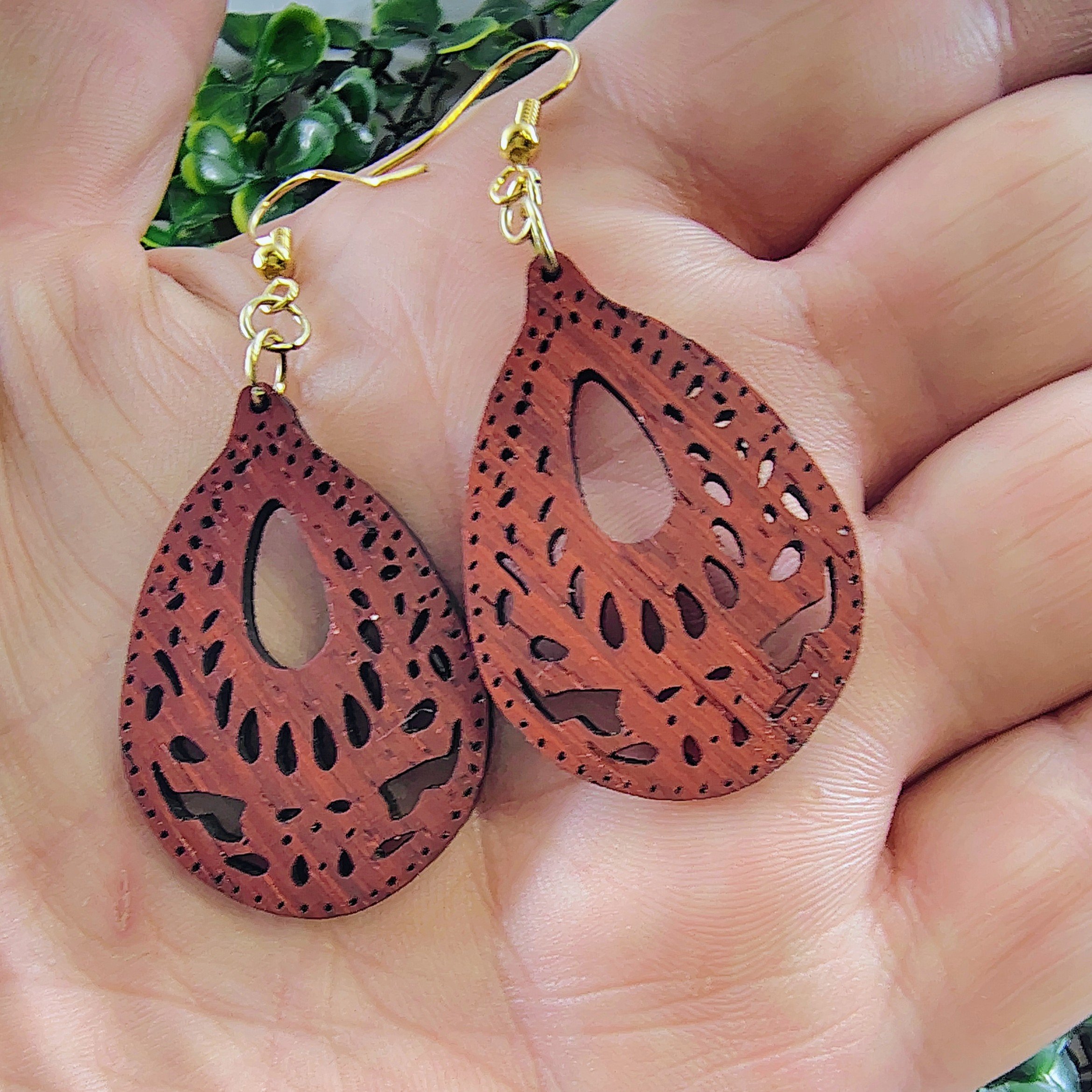Wooden Teardrop Earrings, Hardwood Laser-Cut Dangle Drops, Lightweight Boho Gift for Her